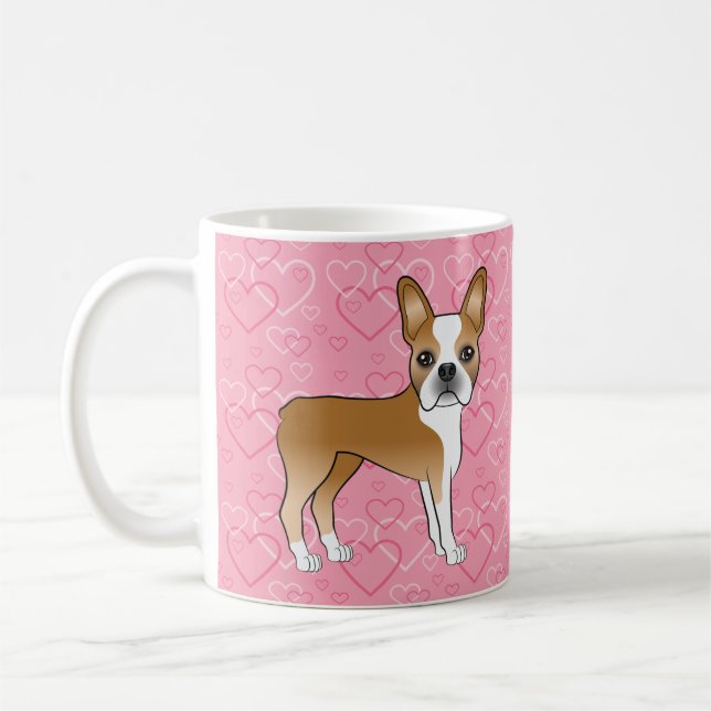 Fawn And White Boston Terrier Dog On Pink Hearts Coffee Mug (Left)