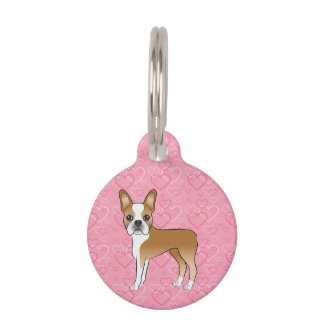 Fawn And White Boston Terrier Dog On Pink Hearts Pet ID Tag