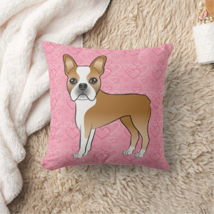 Fawn And White Boston Terrier Dog On Pink Hearts Throw Pillow