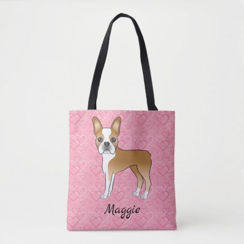 Fawn And White Boston Terrier Dog On Pink Hearts Tote Bag