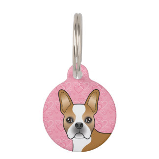 Fawn And White Boston Terrier Head On Pink Hearts Pet ID Tag