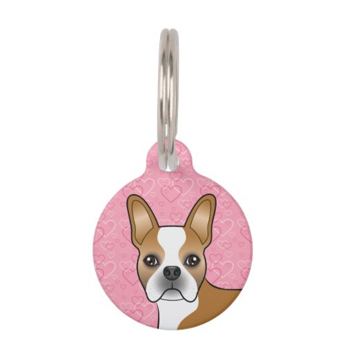 Fawn And White Boston Terrier Head On Pink Hearts Pet ID Tag