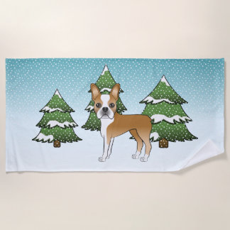 Fawn And White Boston Terrier In A Winter Forest Beach Towel