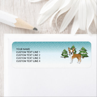 Fawn And White Boston Terrier In A Winter Forest Label
