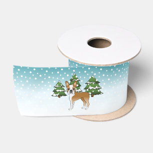 Fawn And White Boston Terrier In A Winter Forest Satin Ribbon