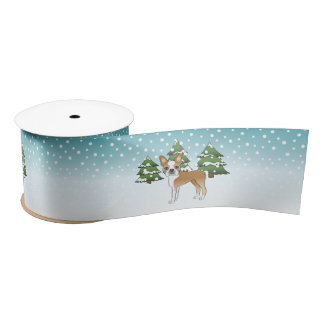 Fawn And White Boston Terrier In A Winter Forest Satin Ribbon