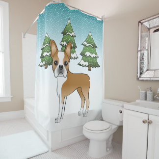 Fawn And White Boston Terrier In A Winter Forest Shower Curtain