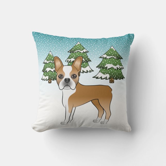 Fawn And White Boston Terrier In A Winter Forest Throw Pillow (Front)