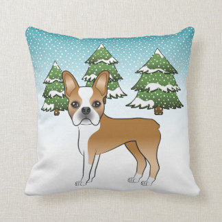 Fawn And White Boston Terrier In A Winter Forest Throw Pillow