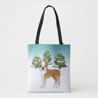 Fawn And White Boston Terrier In A Winter Forest Tote Bag