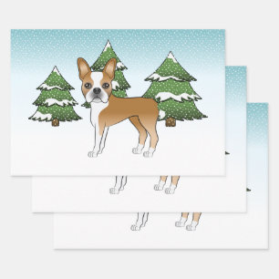 Fawn And White Boston Terrier In A Winter Forest Wrapping Paper Sheets