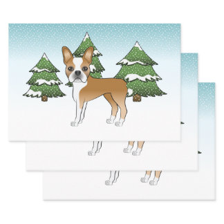 Fawn And White Boston Terrier In A Winter Forest Wrapping Paper Sheets
