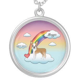 Fawn And White Boston Terrier Rainbow Memorial Silver Plated Necklace