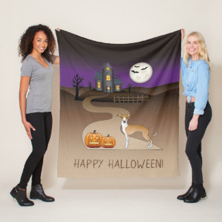 Fawn And White Iggy And Halloween Haunted House Fleece Blanket