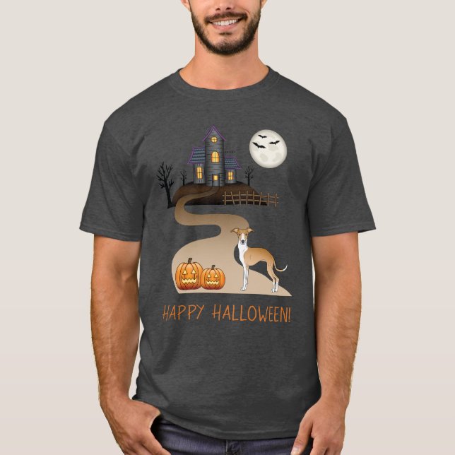 Fawn And White Iggy And Halloween Haunted House T-Shirt (Front)
