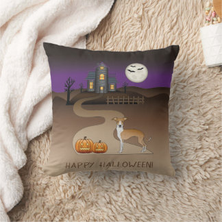 Fawn And White Iggy And Halloween Haunted House Throw Pillow