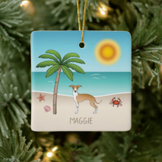 Fawn And White Iggy Dog At A Tropical Summer Beach Ceramic Ornament
