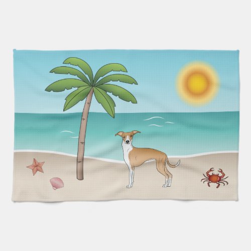 Fawn And White Iggy Dog At A Tropical Summer Beach Kitchen Towel