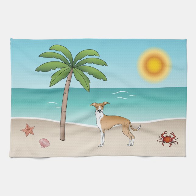 Fawn And White Iggy Dog At A Tropical Summer Beach Kitchen Towel (Horizontal)