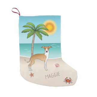Fawn And White Iggy Dog At A Tropical Summer Beach Small Christmas Stocking