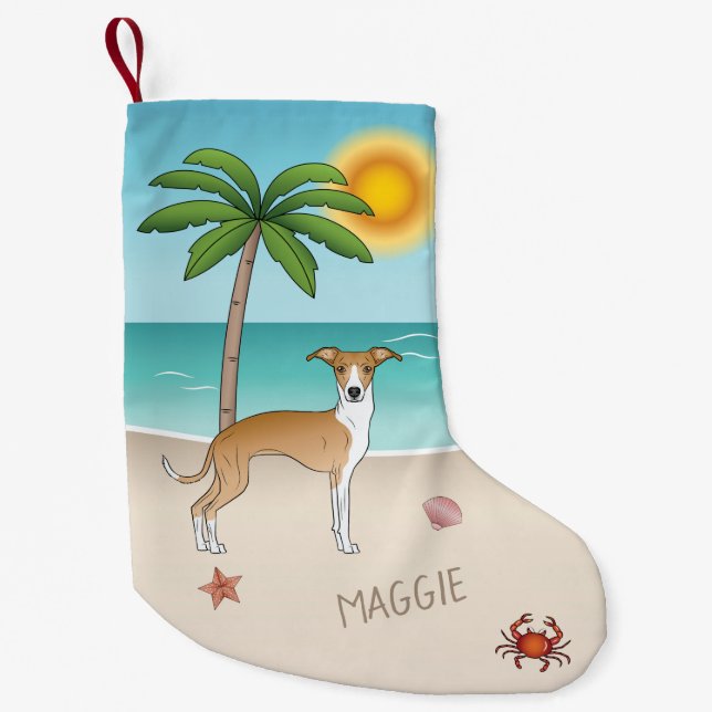 Fawn And White Iggy Dog At A Tropical Summer Beach Small Christmas Stocking (Front)