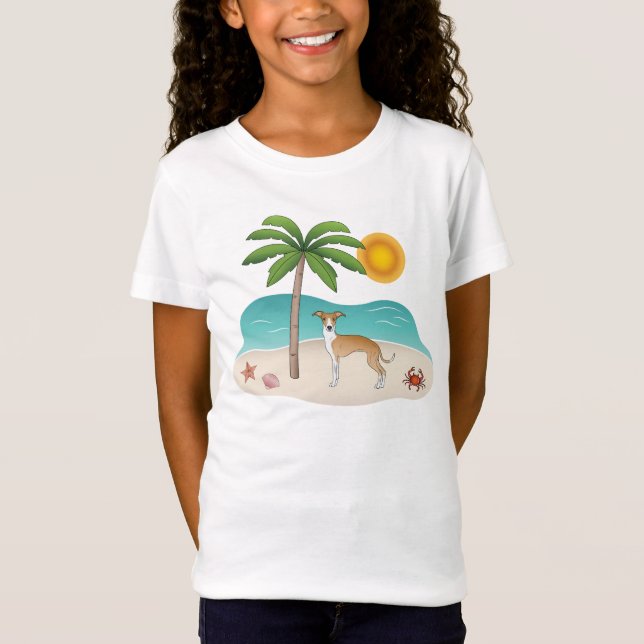 Fawn And White Iggy Dog At A Tropical Summer Beach T-Shirt (Front)