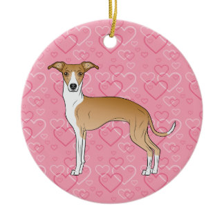 Fawn And White Iggy Dog - Pink Hearts Pet Memorial Ceramic Ornament