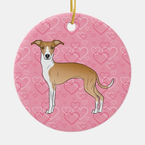 Fawn And White Iggy Dog _ Pink Hearts Pet Memorial Ceramic Ornament