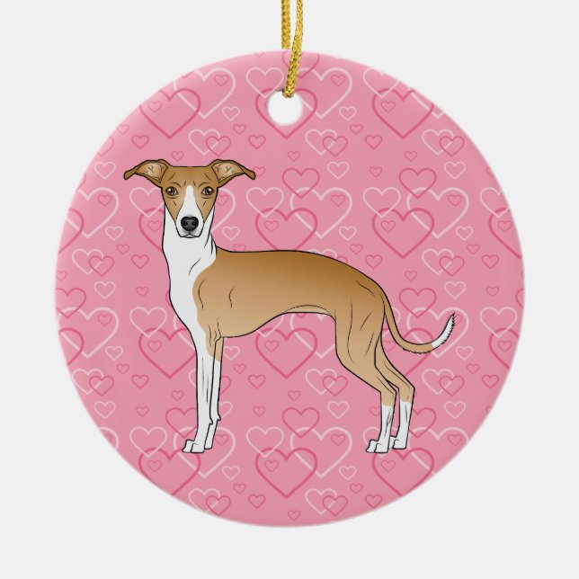Fawn And White Iggy Dog - Pink Hearts Pet Memorial Ceramic Ornament (Front)