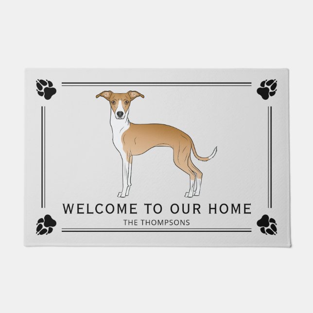 Fawn And White Italian Greyhound And Paws And Text Doormat (Front)