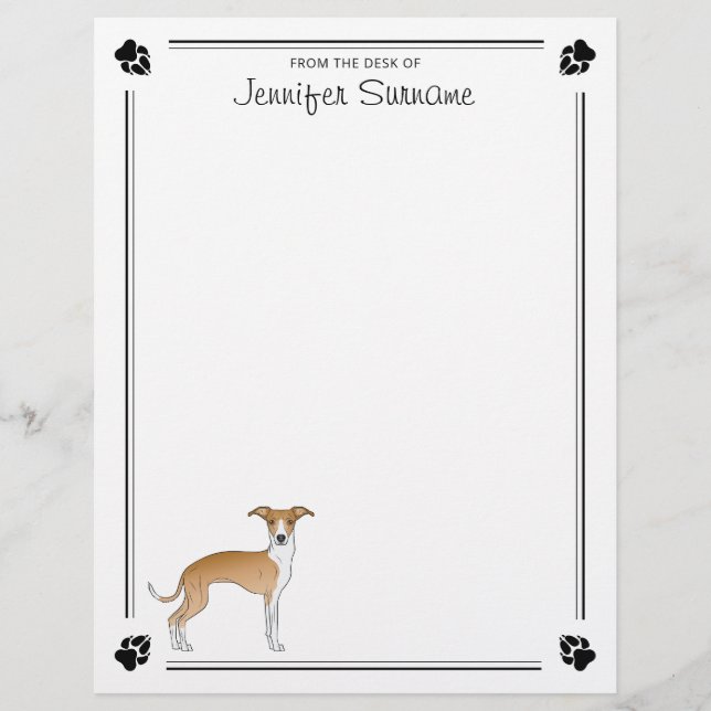 Fawn And White Italian Greyhound And Paws & Text Letterhead (Front)