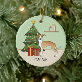 Fawn And White Italian Greyhound & Christmas Tree Ceramic Ornament