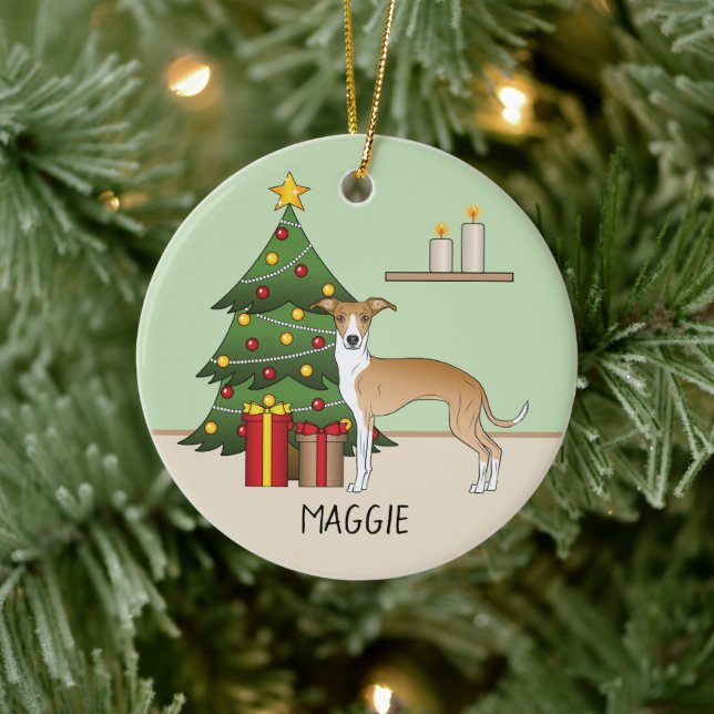 Fawn And White Italian Greyhound & Christmas Tree Ceramic Ornament (Tree)