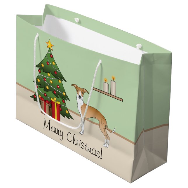 Fawn And White Italian Greyhound & Christmas Tree Large Gift Bag (Front Angled)