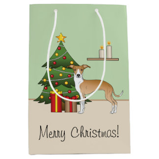 Fawn And White Italian Greyhound & Christmas Tree Medium Gift Bag