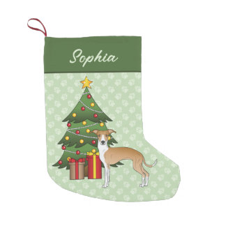 Fawn And White Italian Greyhound &amp; Christmas Tree Small Christmas Stocking