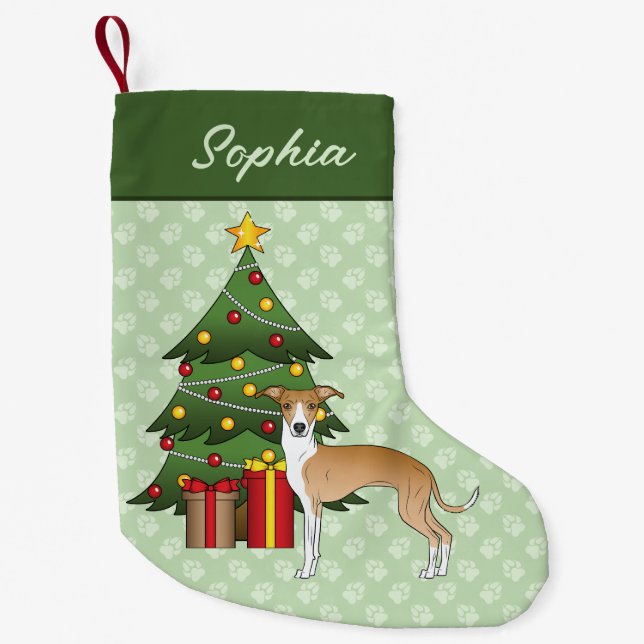 Fawn And White Italian Greyhound & Christmas Tree Small Christmas Stocking (Front)