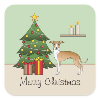 Fawn And White Italian Greyhound &amp; Christmas Tree Square Sticker