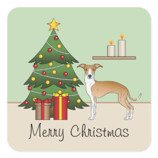 Fawn And White Italian Greyhound & Christmas Tree Square Sticker