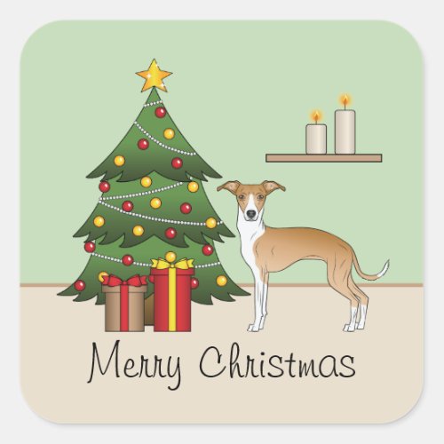 Fawn And White Italian Greyhound  Christmas Tree Square Sticker
