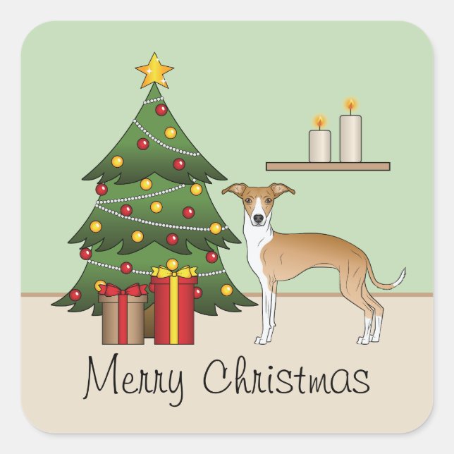 Fawn And White Italian Greyhound & Christmas Tree Square Sticker (Front)