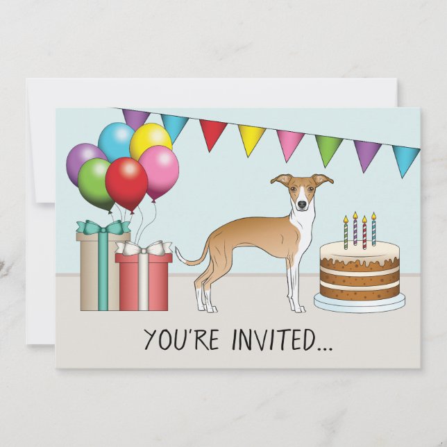 Fawn And White Italian Greyhound Colorful Birthday Invitation (Front)