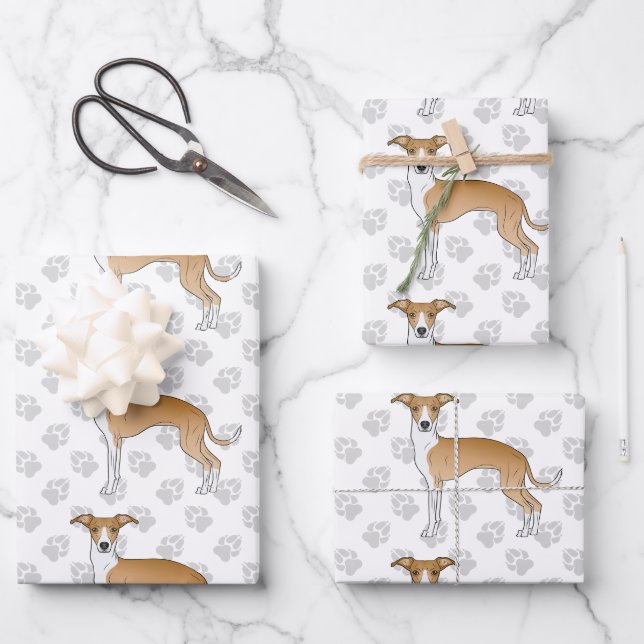 Fawn And White Italian Greyhound Dogs With Paws Wrapping Paper Sheets (Front)