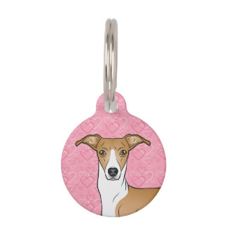 Fawn And White Italian Greyhound Head Pink Hearts Pet ID Tag