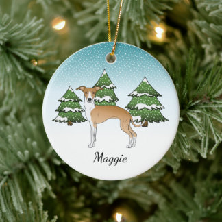 Fawn And White Italian Greyhound In Winter Forest Ceramic Ornament