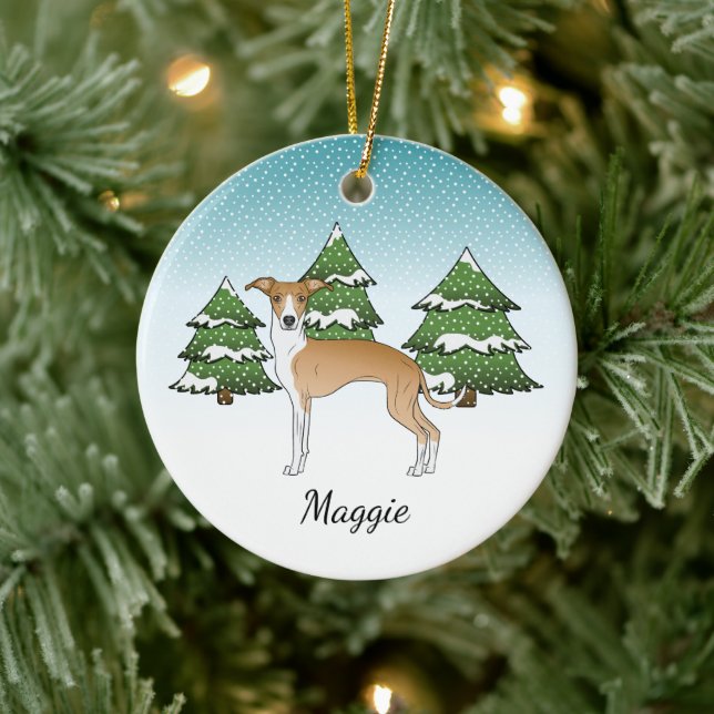 Fawn And White Italian Greyhound In Winter Forest Ceramic Ornament (Tree)