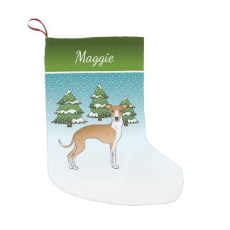 Fawn And White Italian Greyhound In Winter Forest Small Christmas Stocking