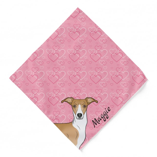Fawn And White Italian Greyhound On Pink Hearts Bandana (Front)
