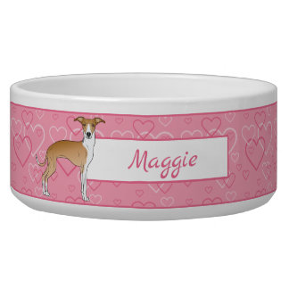 Fawn And White Italian Greyhound On Pink Hearts Bowl