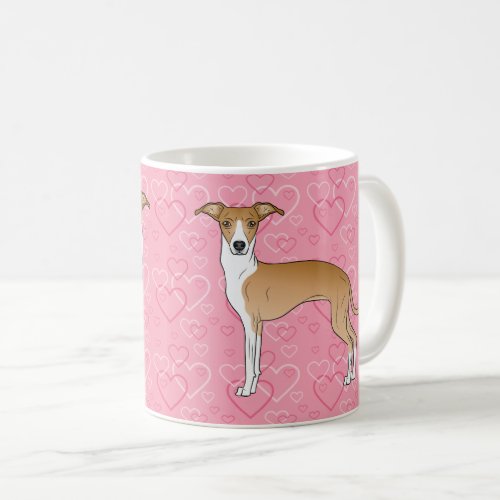 Fawn And White Italian Greyhound On Pink Hearts Coffee Mug